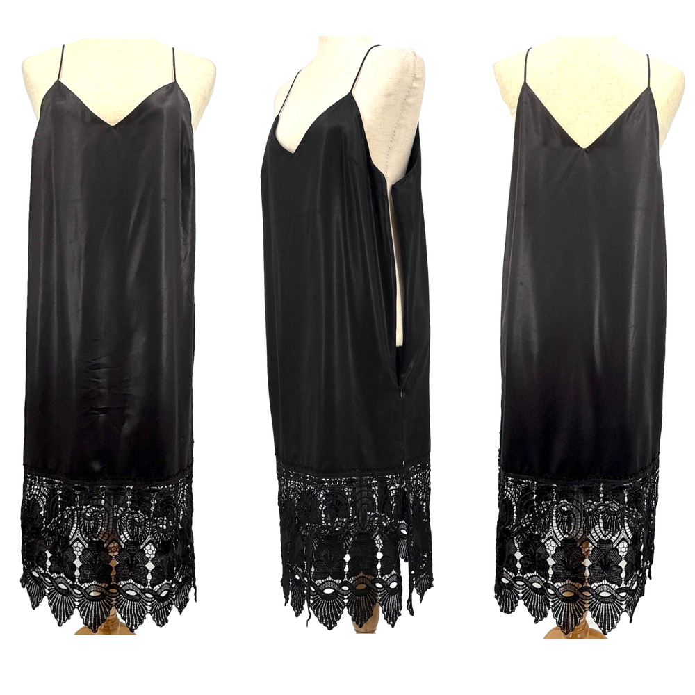 Topshop Slip Dress Women's 8 Black Satin Y2K Lace Hem Midi Goth Fairy Witch Sexy
